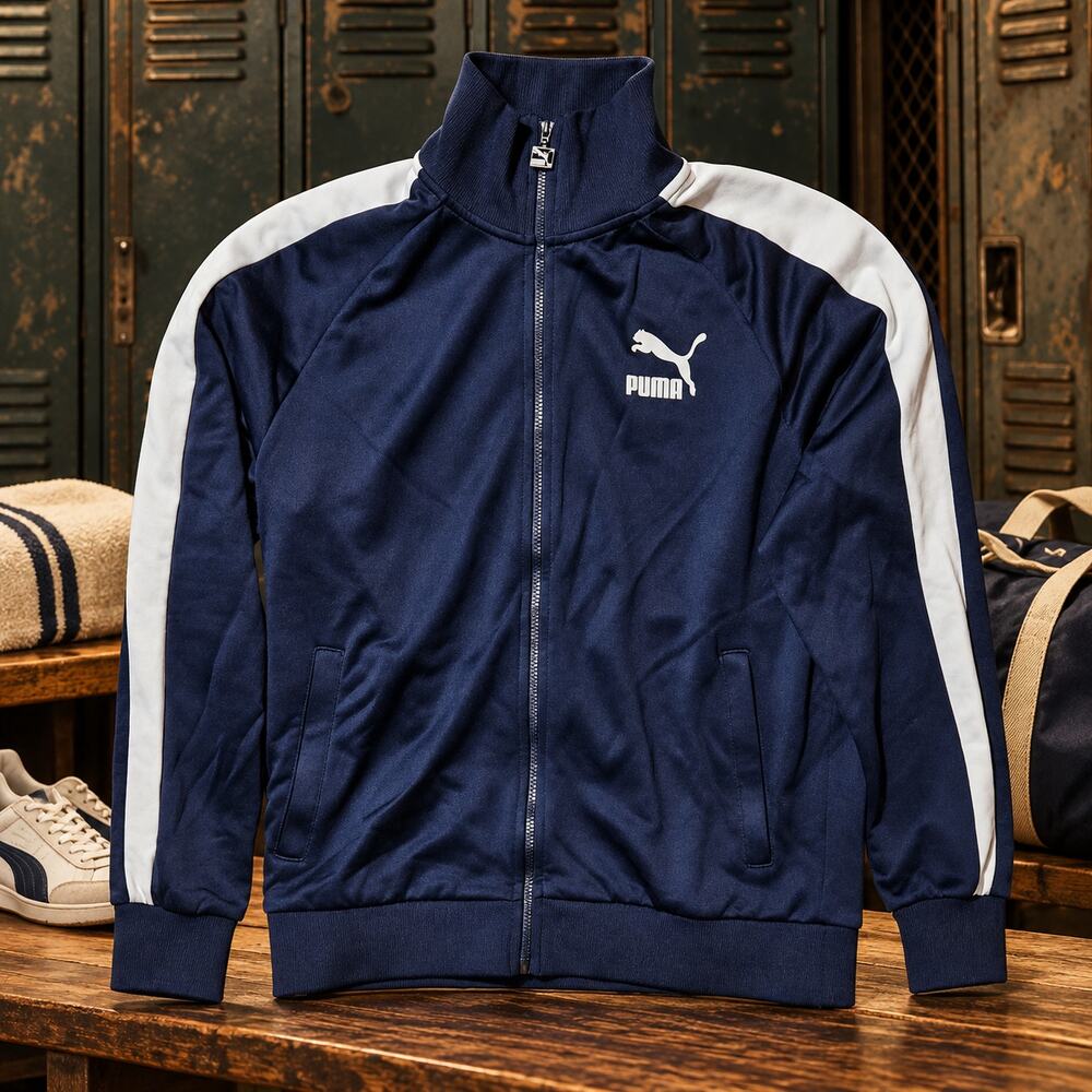 Puma Iconic T7 Track Jacket Mens Large Navy White 589423-06 Retro Full Zip